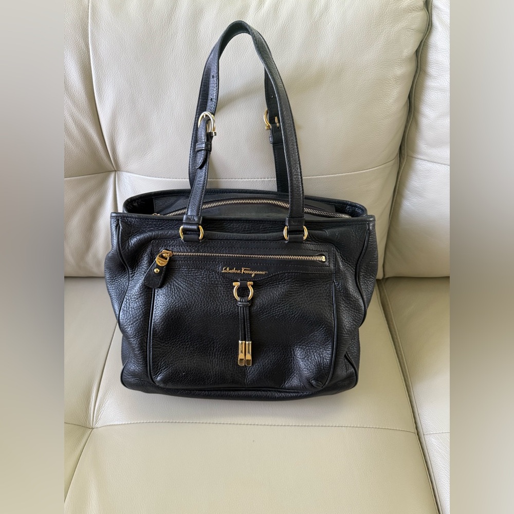 Salvatore Ferragamo Black Leather Handbag with Gold Accents